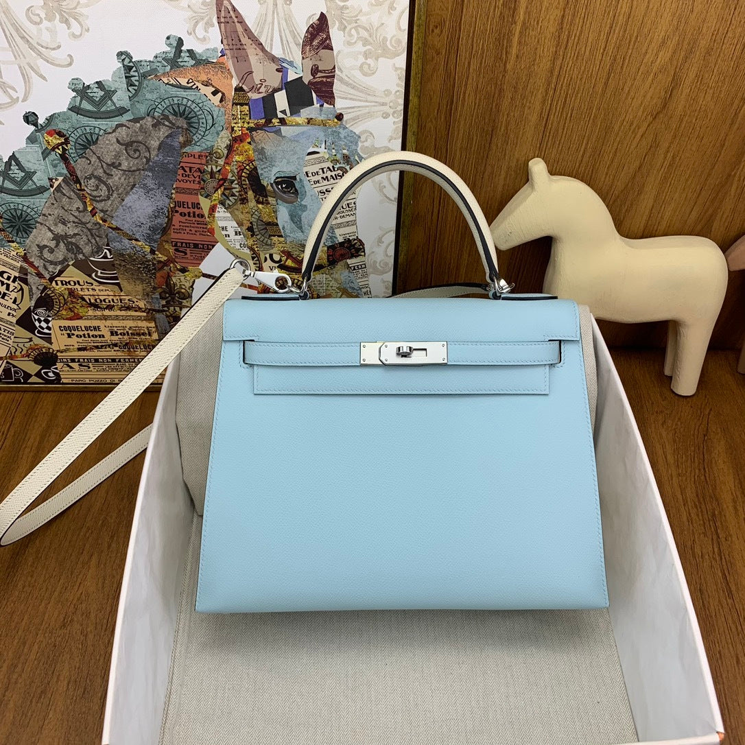 LUXURY BABY BLUE LEATHER TOP HANDLE HANDBAG