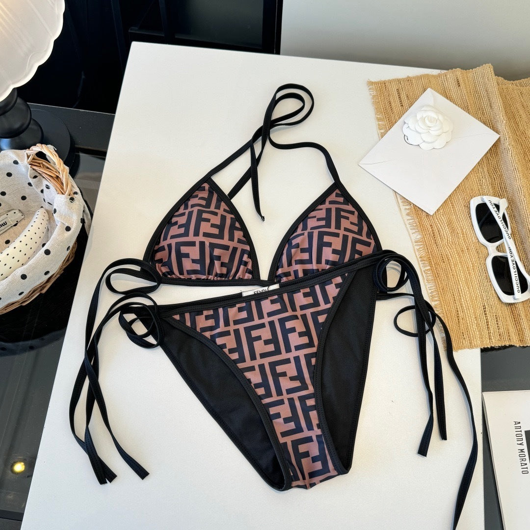 BROWN MONOGRAM TRIANGLE STRING BIKINI SET