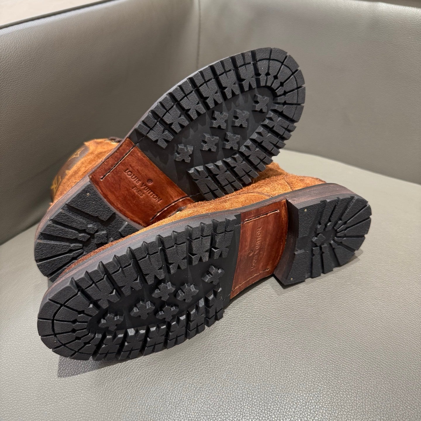 BROWN SUEDE MONOGRAM LACE-UP BOOTS