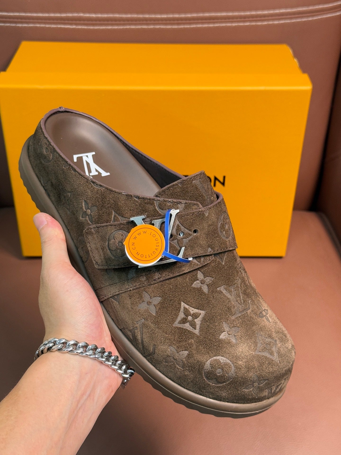 BROWN EMBOSSED SUEDE SLIDE CLOGS