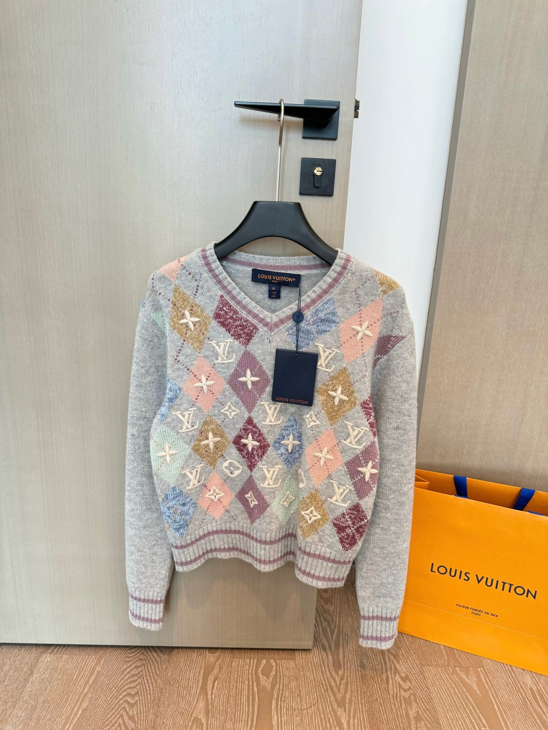 ARGYLE KNIT SWEATER WITH EMBROIDERED DETAILS