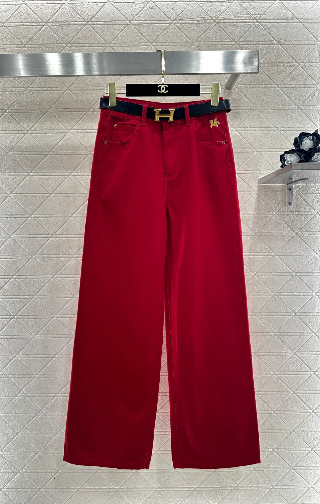 CRIMSON HIGH-WAIST WIDE-LEG TROUSERS