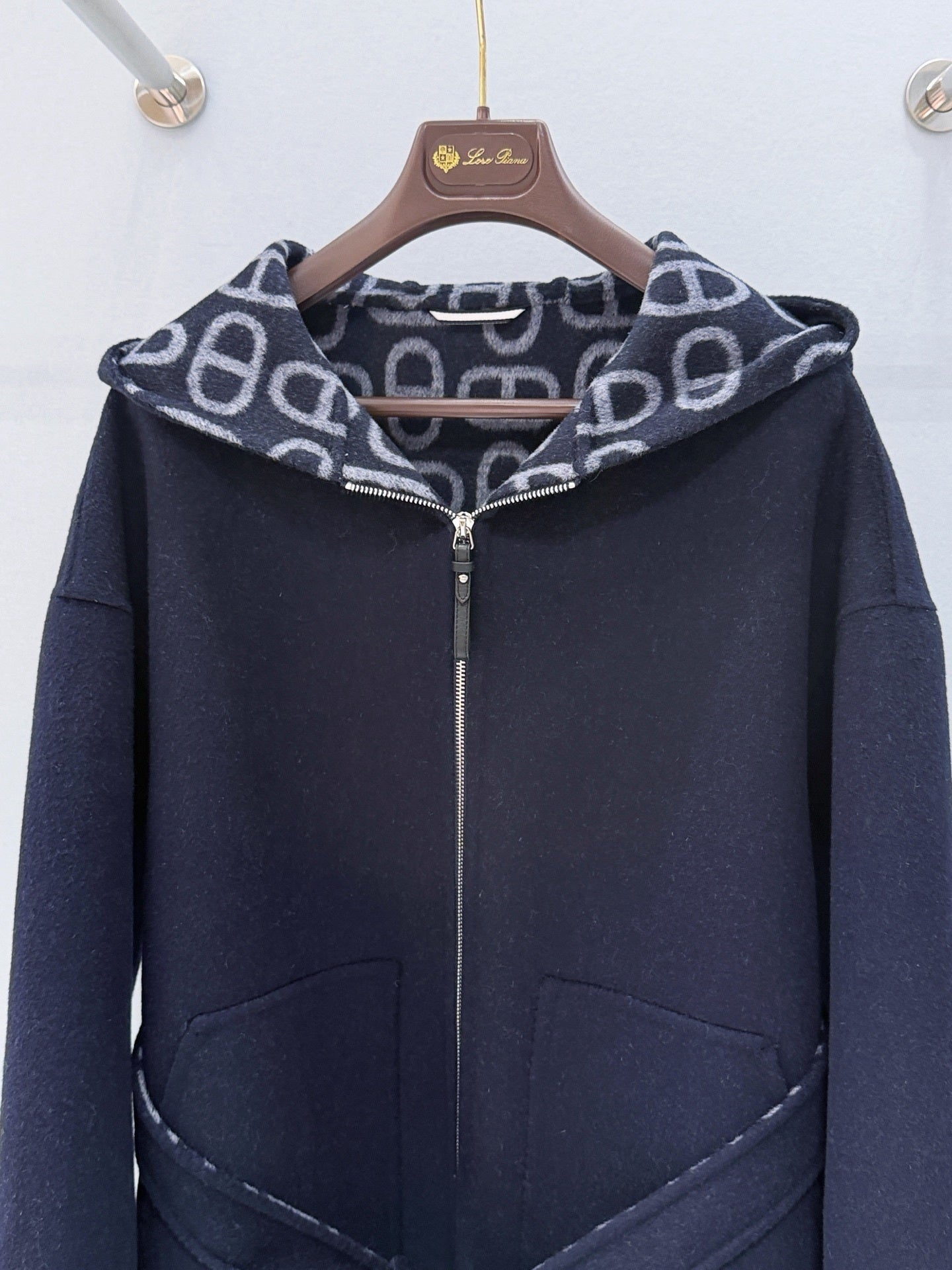 NAVY LONG COAT WITH HOOD, ZIP FRONT AND WAIST TIE