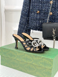 BLACK CRYSTAL BUCKLE HEELED MULES