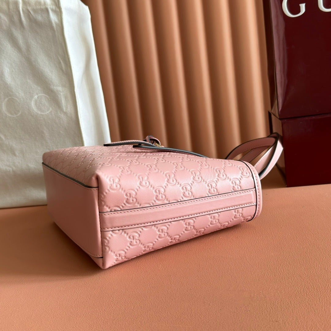 BLUSH PINK EMBOSSED LEATHER MINI TOTE SHOULDER BAG WITH GOLD HARDWARE