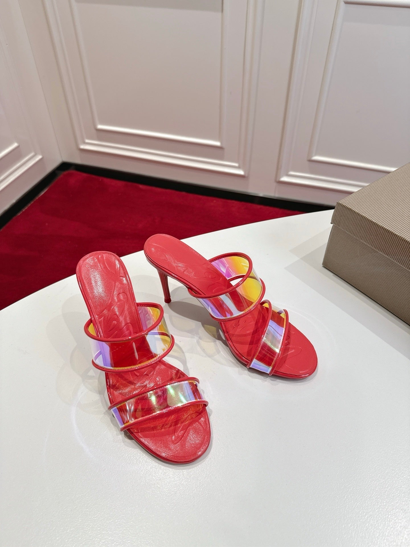 RED TRANSPARENT STRAP MULE HEELS