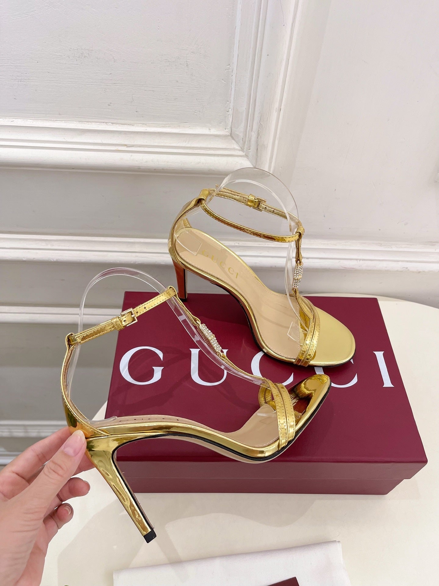 GOLD TRANSPARENT STRAPPY HEEL SANDALS