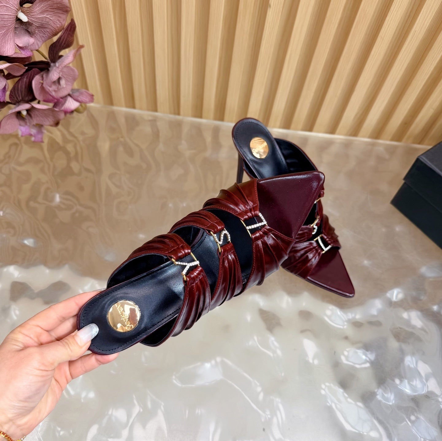 POINTED TOE PLEATED MULE HEELS