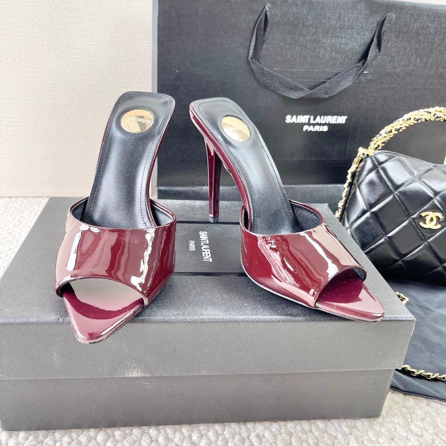 BURGUNDY PATENT OPEN-TOE MULE HEELS