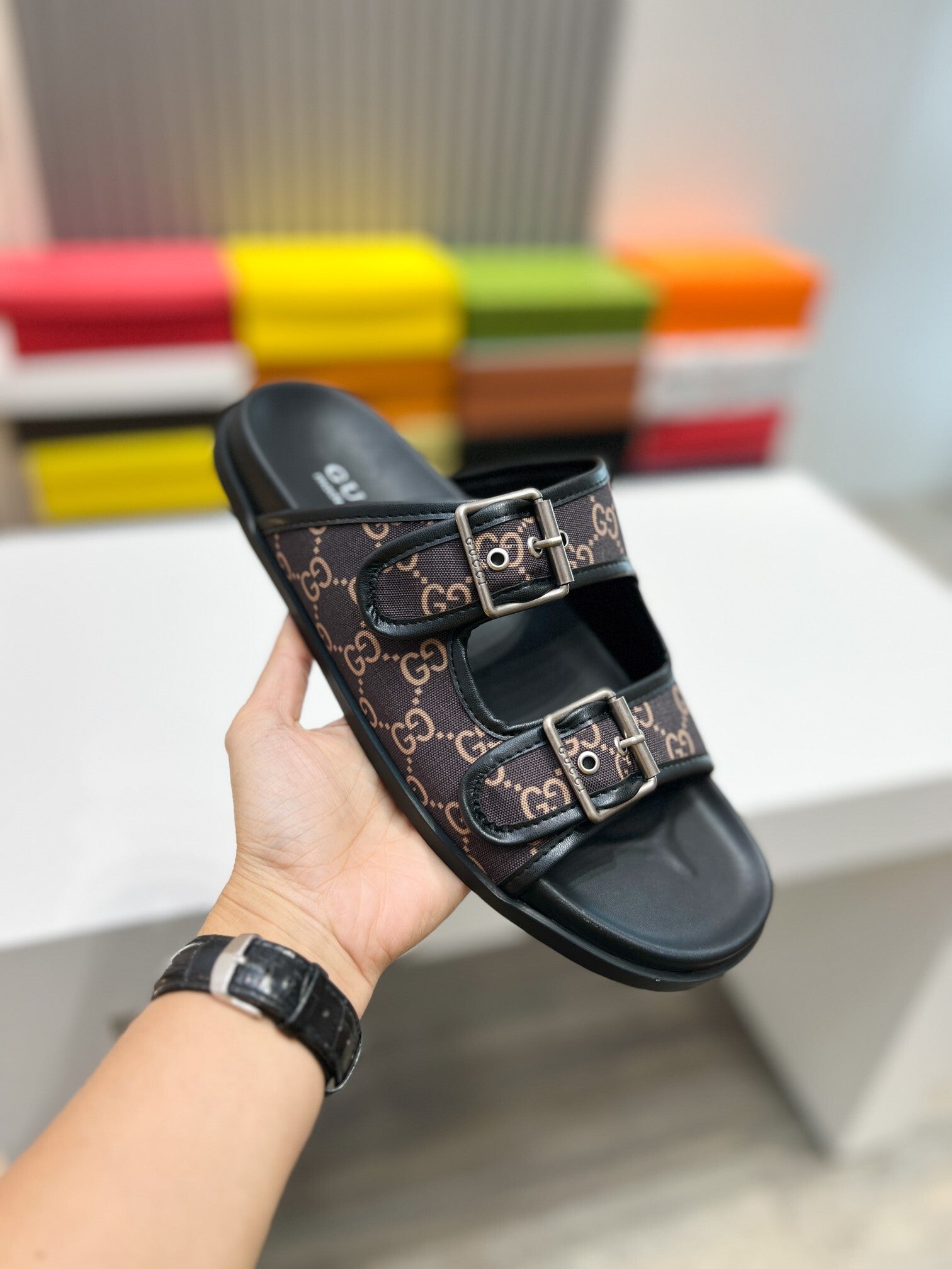 DOUBLE STRAP MONOGRAM BUCKLE SLIDE SANDALS