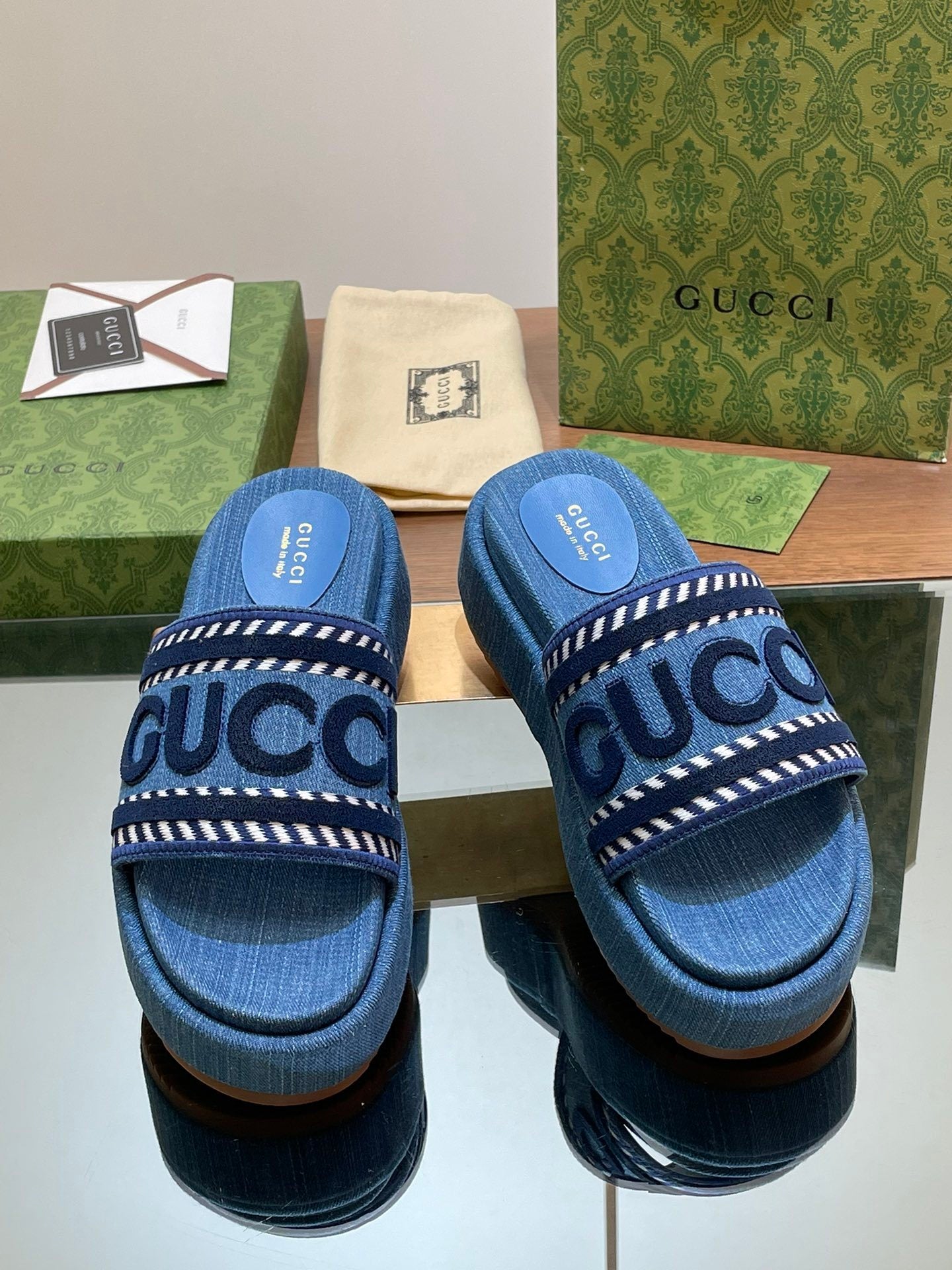 BLUE DENIM LOGO PLATFORM SLIDE SANDALS