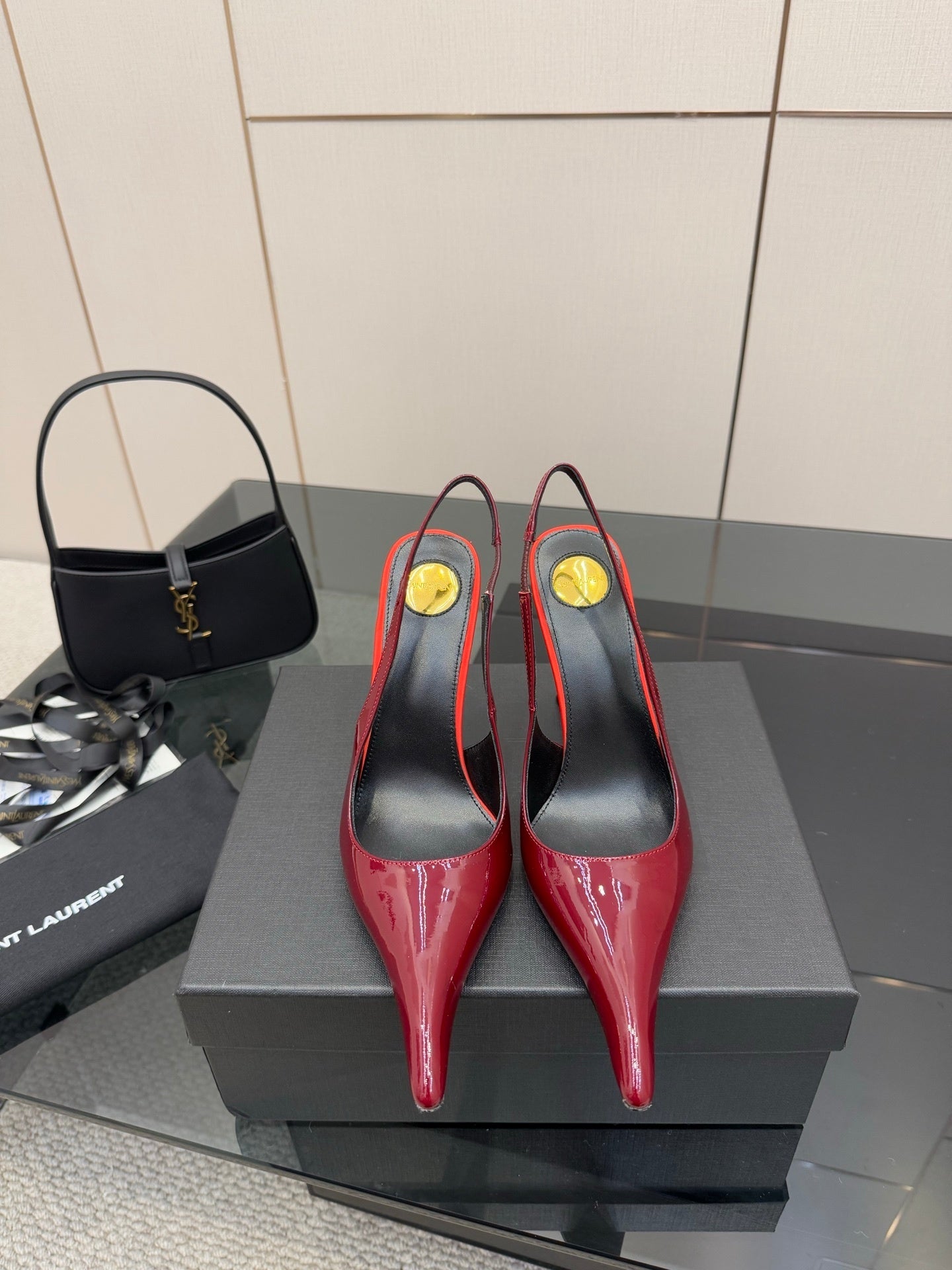 BURGUNDY PATENT SLINGBACK POINTED HEELS