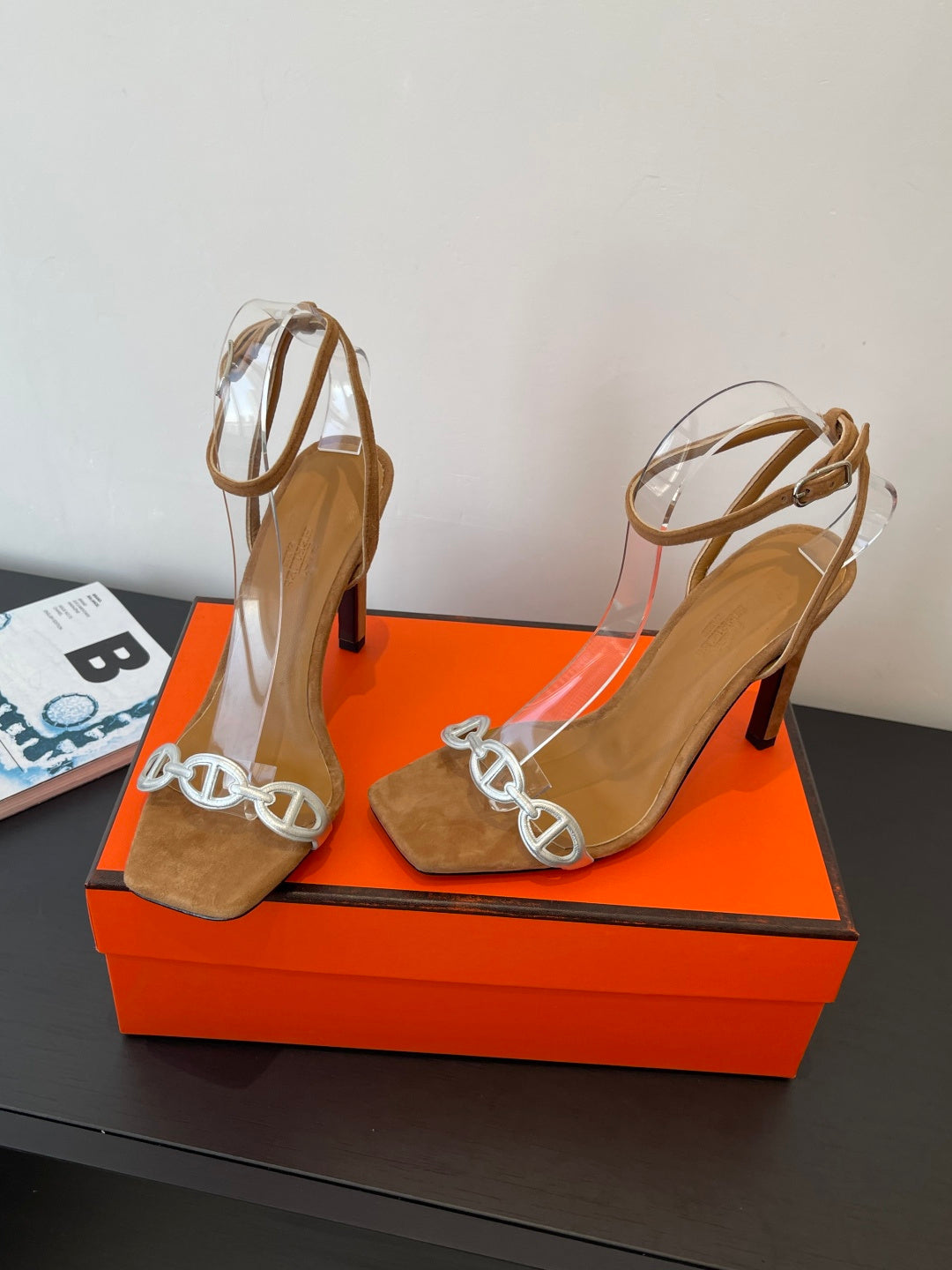 CAMEL SUEDE ANKLE STRAP STILETTO SANDALS