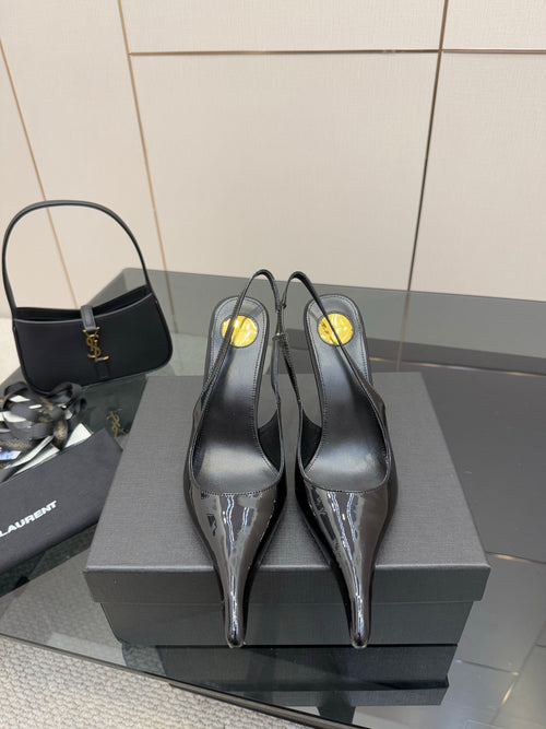 BLACK PATENT SLINGBACK POINTED HEELS