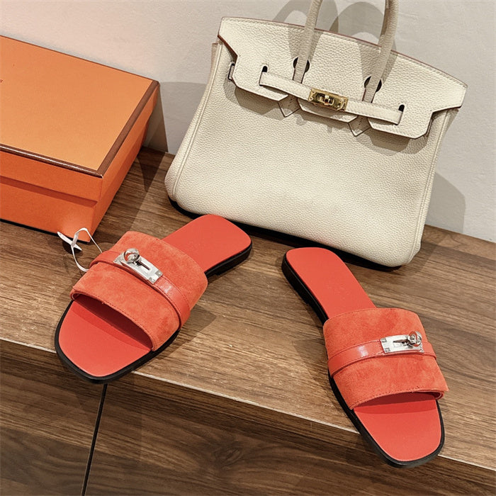 CORAL SUEDE BUCKLE SLIDE SANDALS