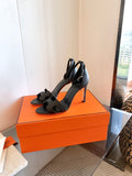 BLACK LEATHER ANKLE STRAP HEEL SANDALS