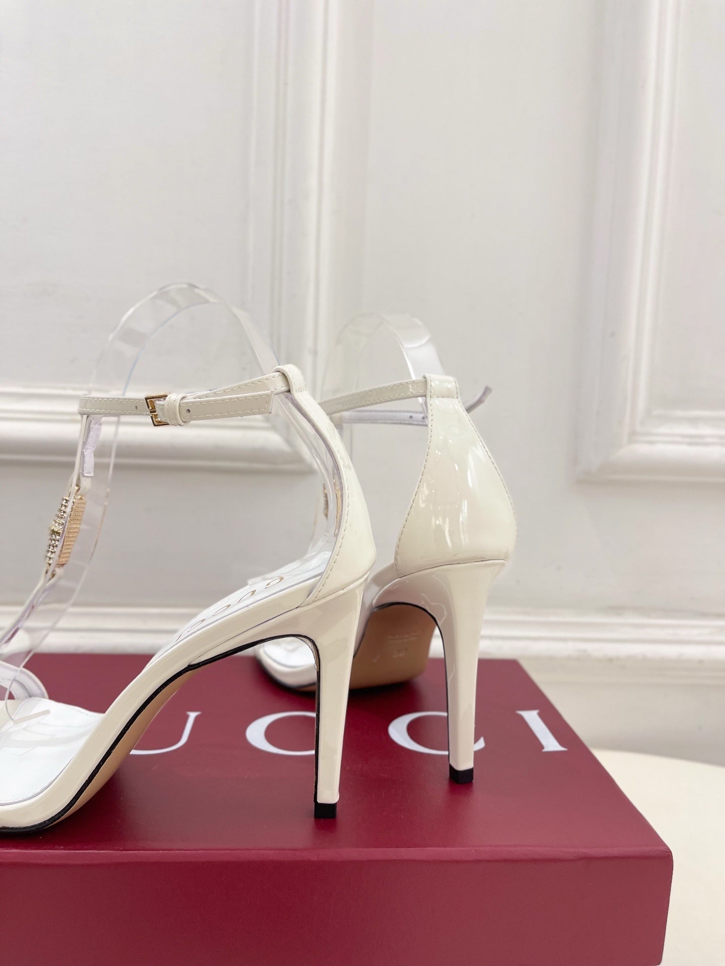 WHITE TRANSPARENT STRAPPY HEEL SANDALS