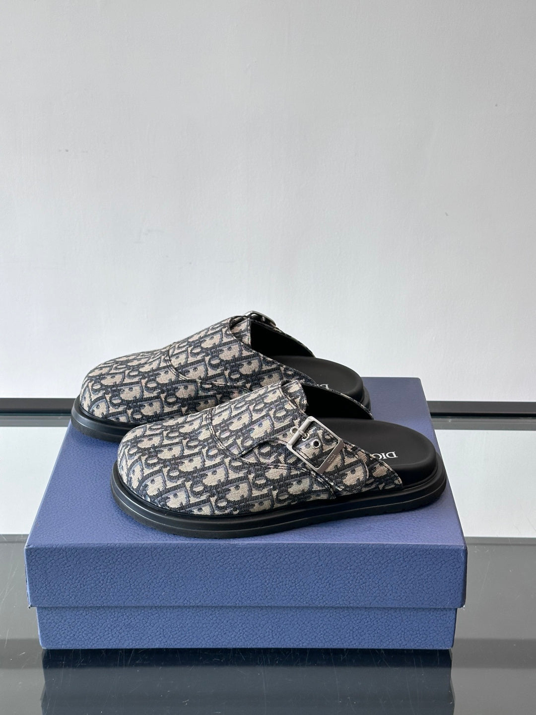 MONOGRAM DESIGNER SLIDE MULES WITH BUCKLE DETAIL