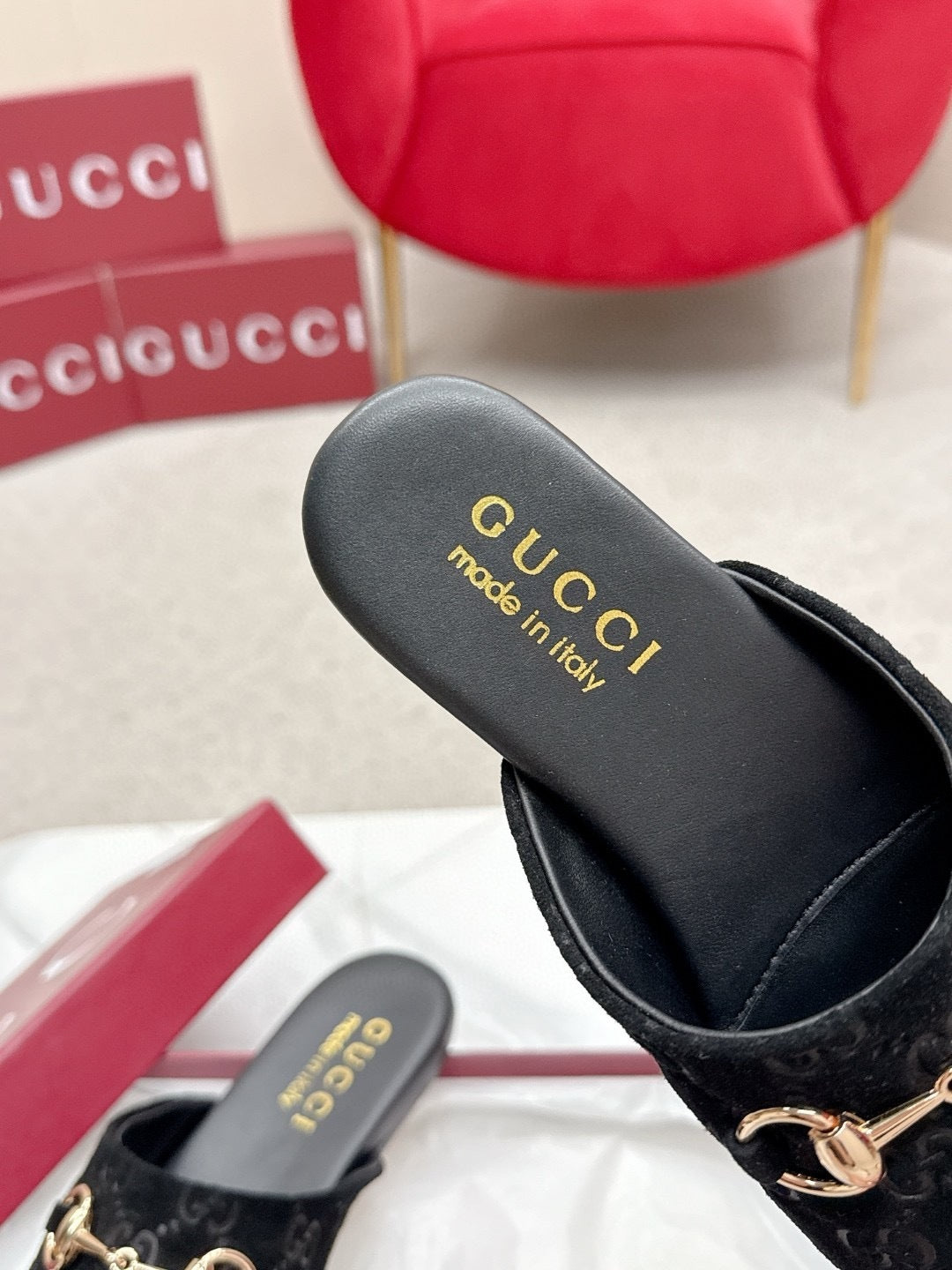 BLACK MONOGRAM VELVET HORSEBIT MULES