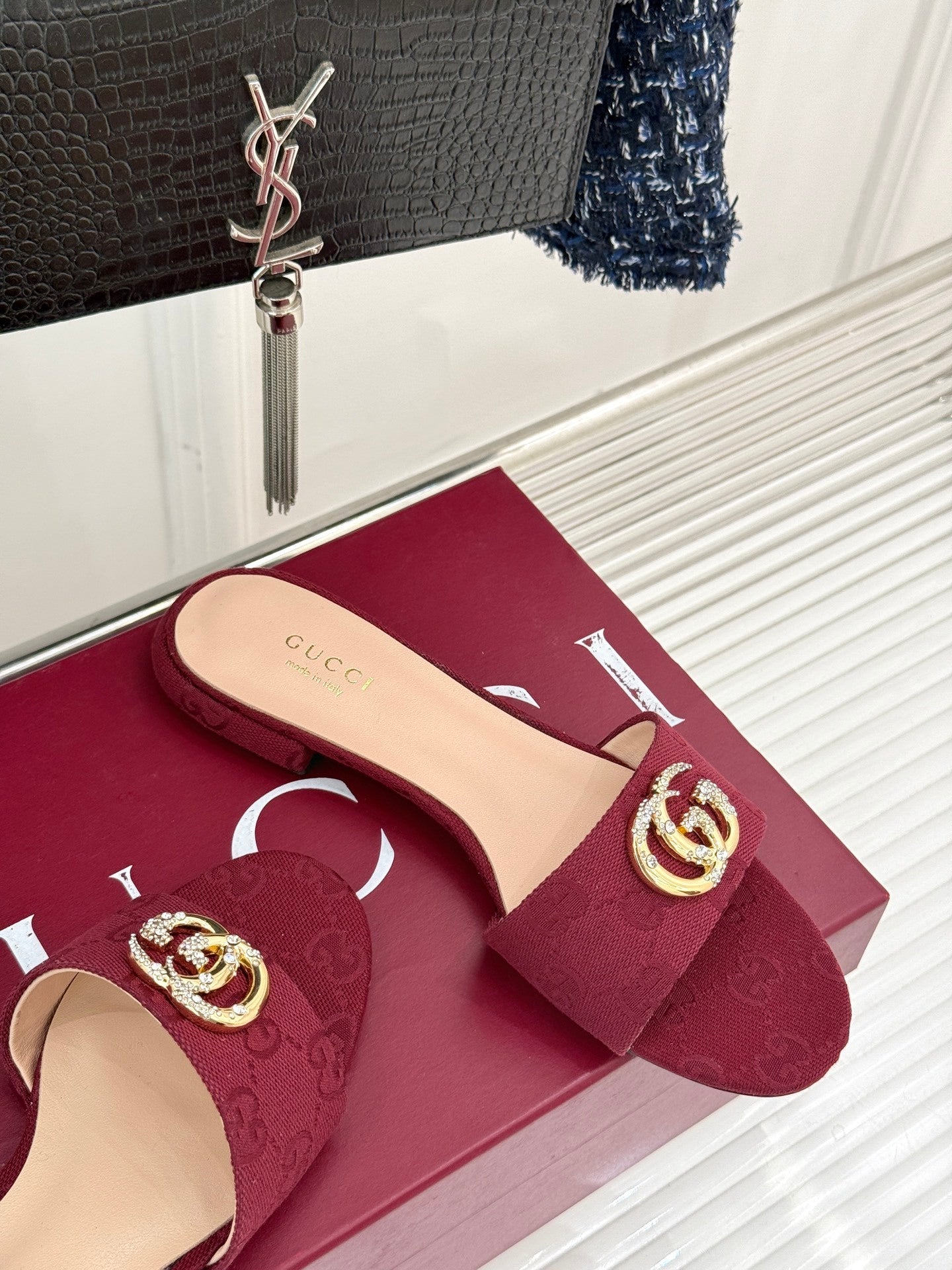 BURGUNDY MONOGRAM LOW HEEL SLIDES