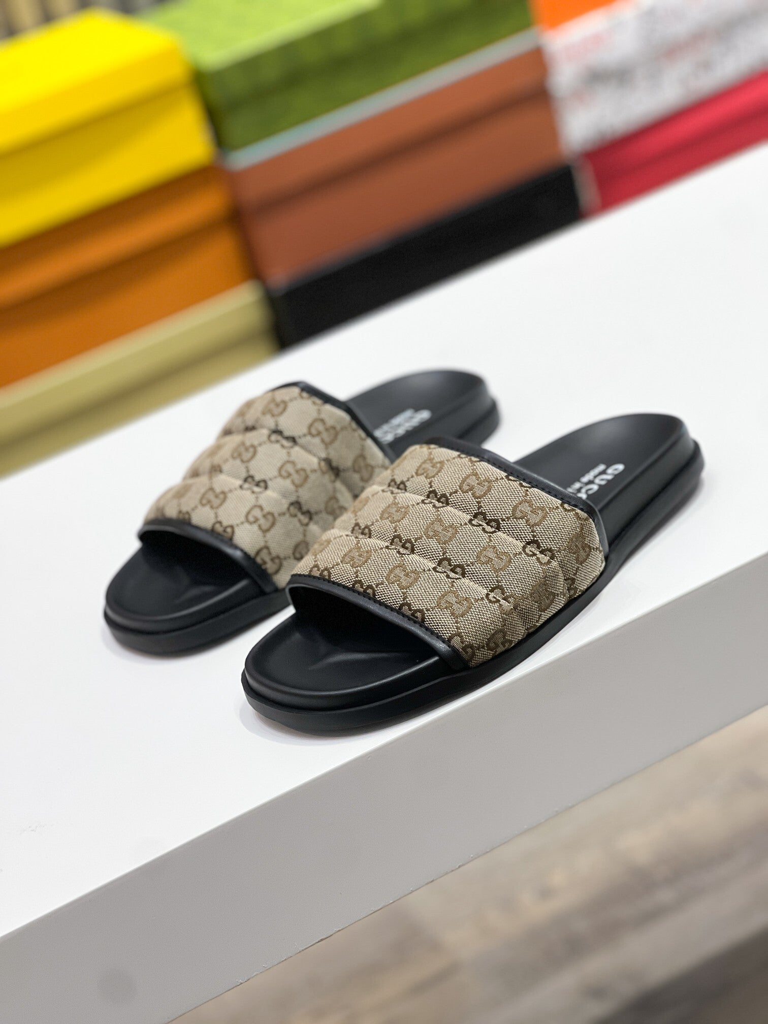 CLASSIC MONOGRAM PADDED SLIDE SANDALS – BEIGE