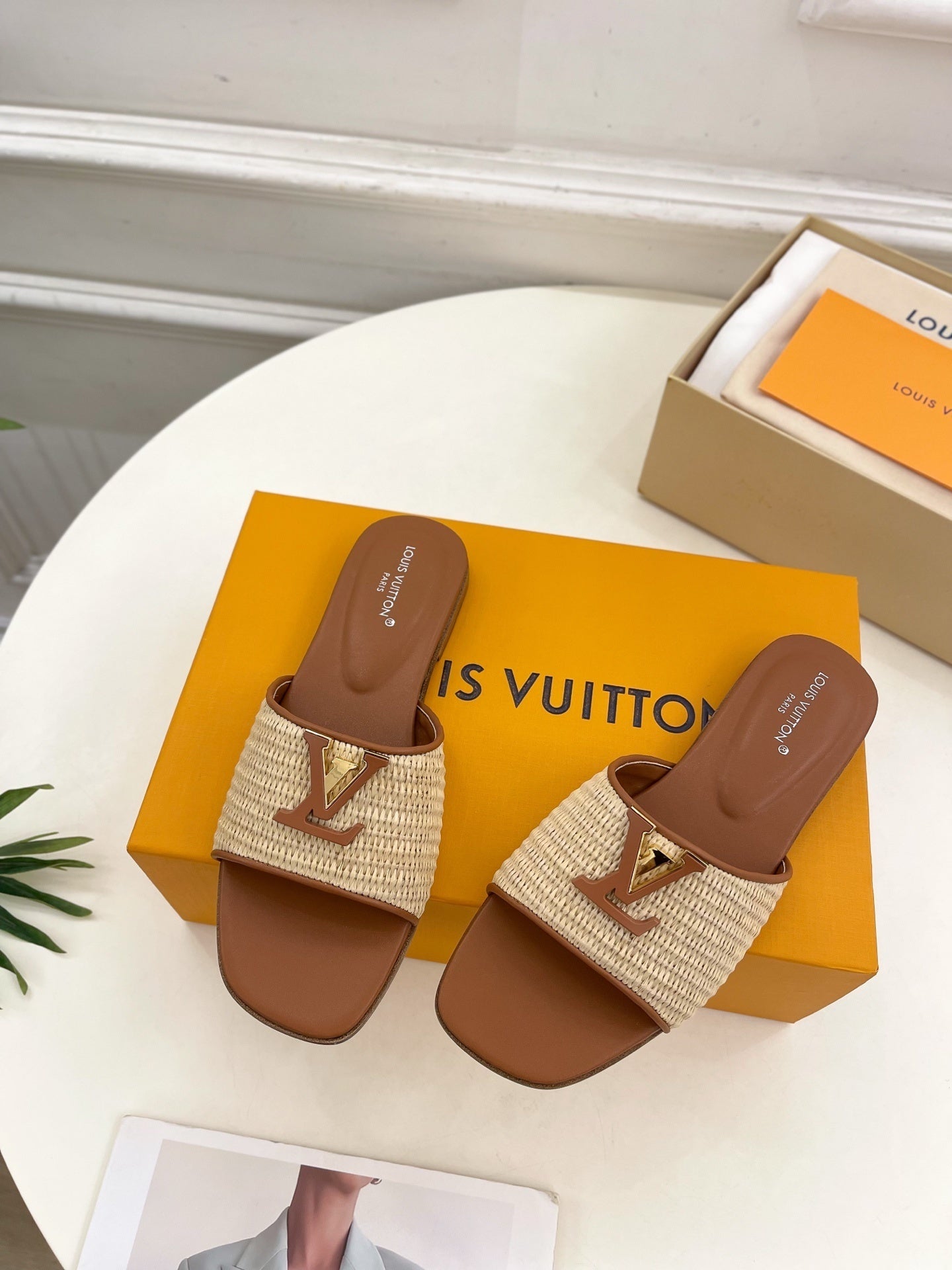 WOVEN STRAP MONOGRAM DETAIL SLIDE SANDALS