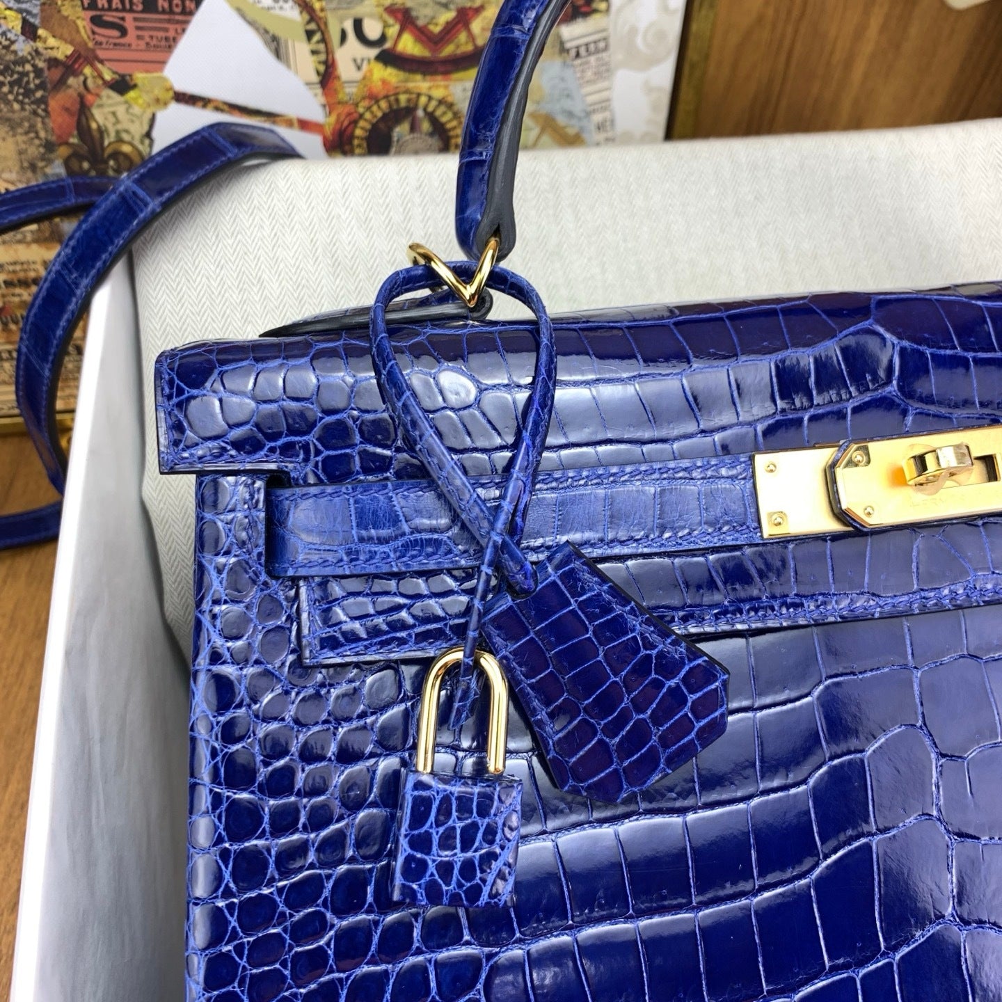 LUXURY ROYAL BLUE CROCODILE EMBOSSED LEATHER TOP HANDLE HANDBAG WITH GOLD HARDWARE