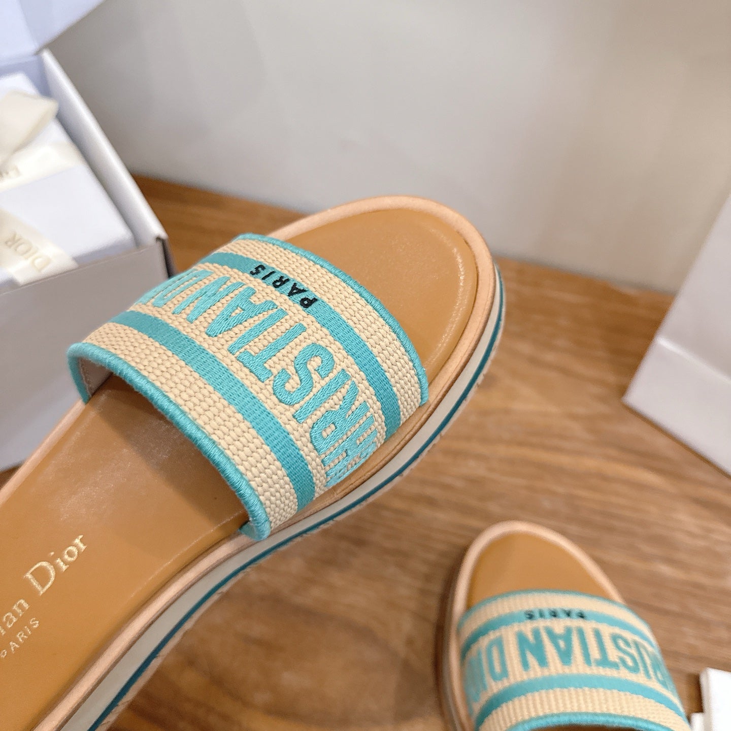 TURQUOISE & BEIGE LOGO STRAP PLATFORM SLIDE SANDALS