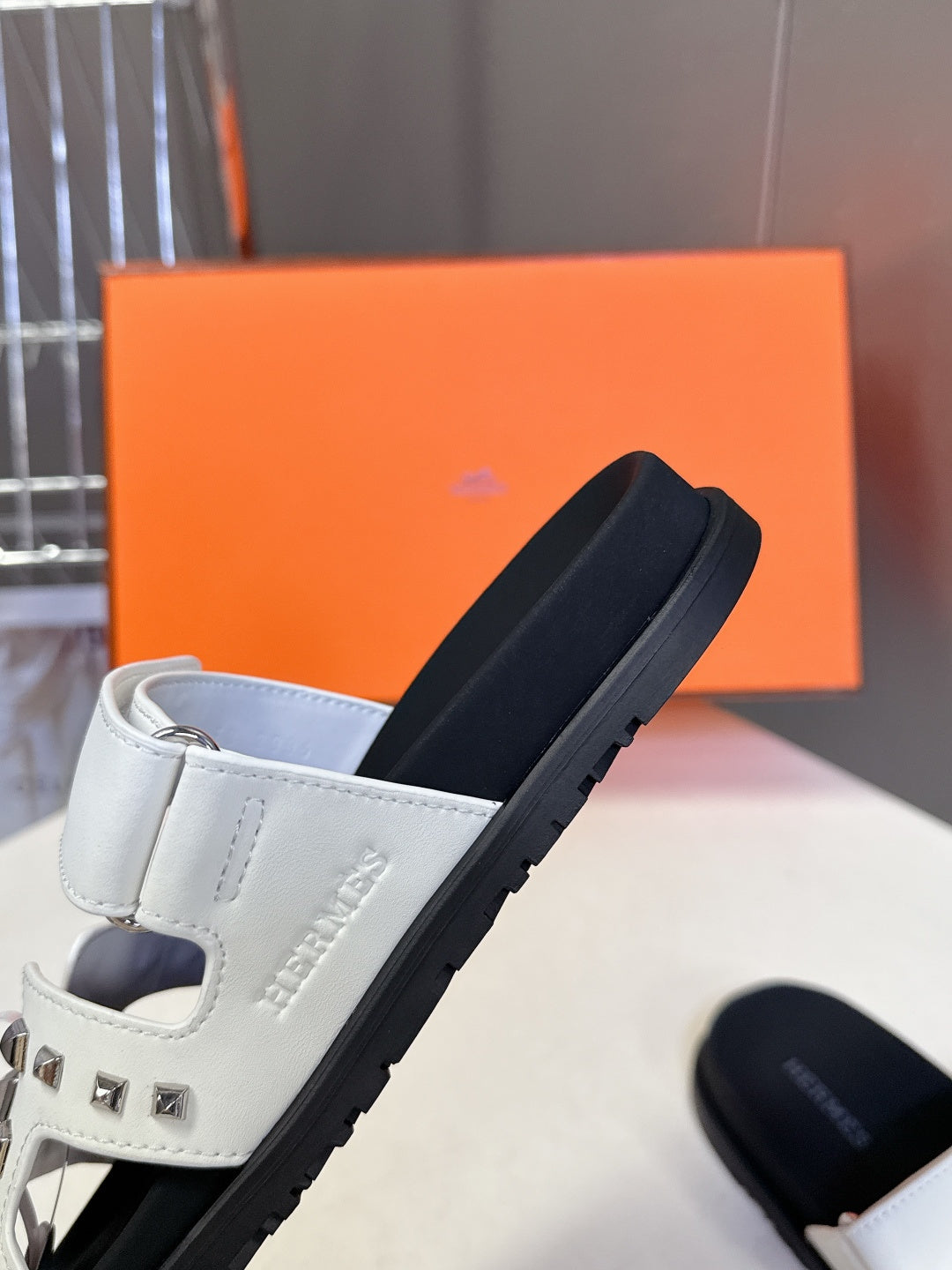 WHITE STUDDED SLIDE SANDALS