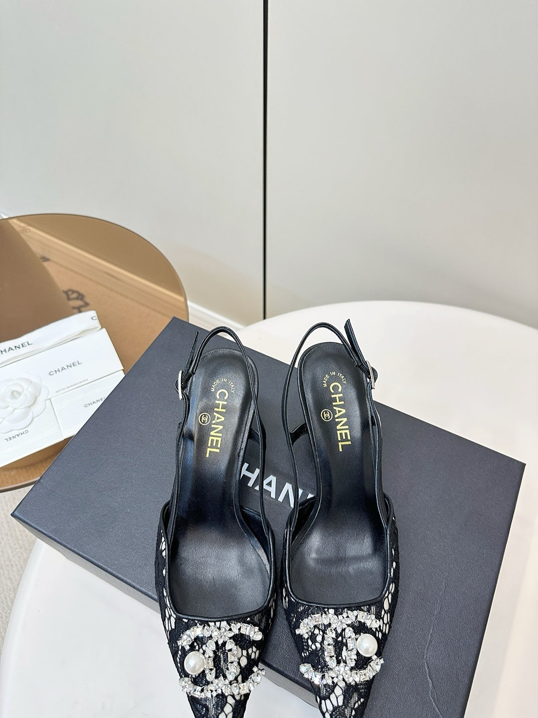 BLACK LACE CRYSTAL SLINGBACK HEELS