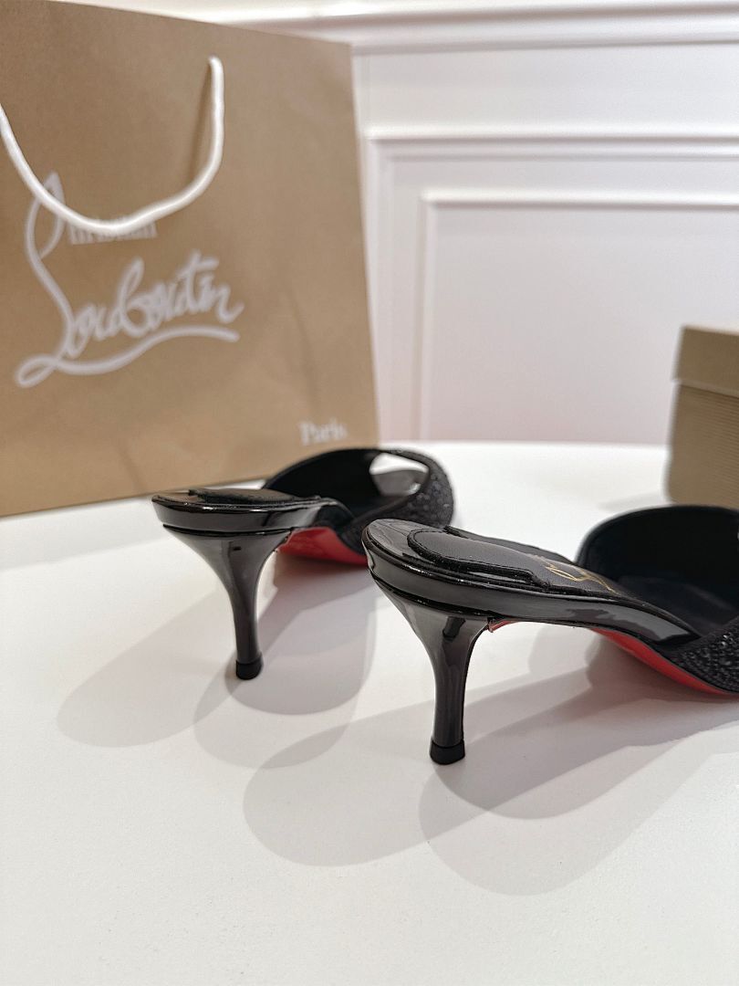 BLACK CRYSTAL OPEN-TOE MULE HEELS