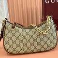 BEIGE MONOGRAM CANVAS SHOULDER BAG WITH GOLD CHAIN DETAIL
