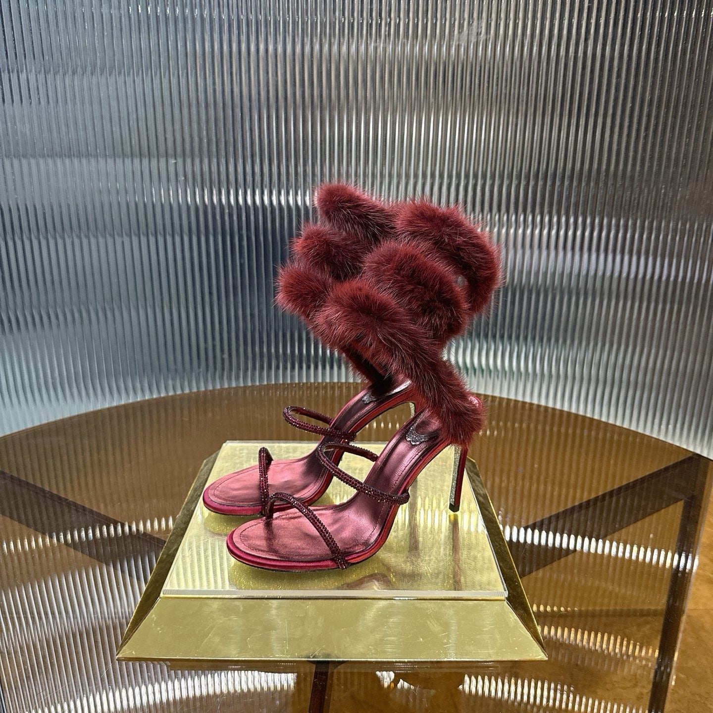 BURGUNDY FUR SPIRAL STILETTO HEELS