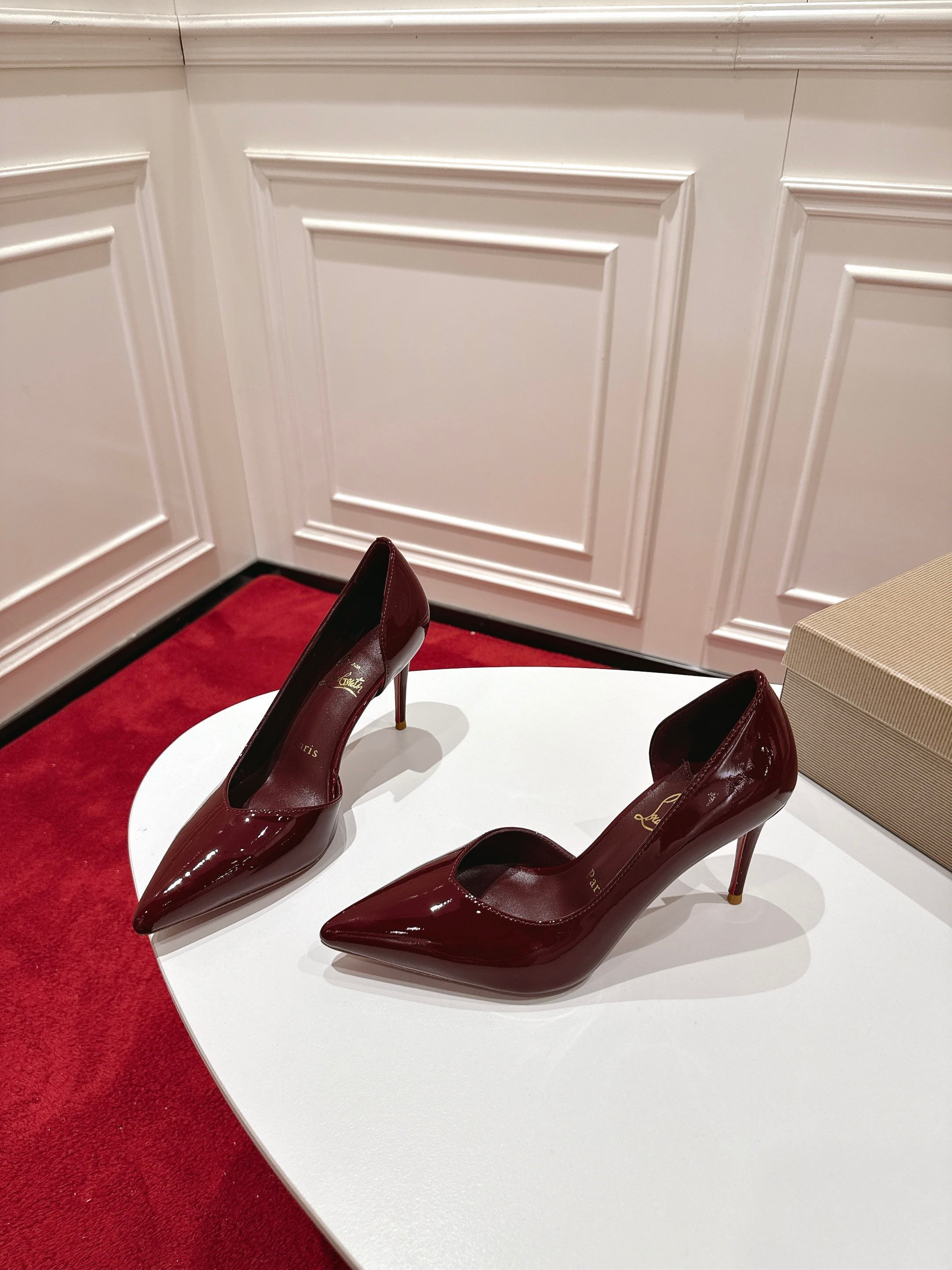 BURGUNDY PATENT POINTED-TOE CLASSIC PUMPS
