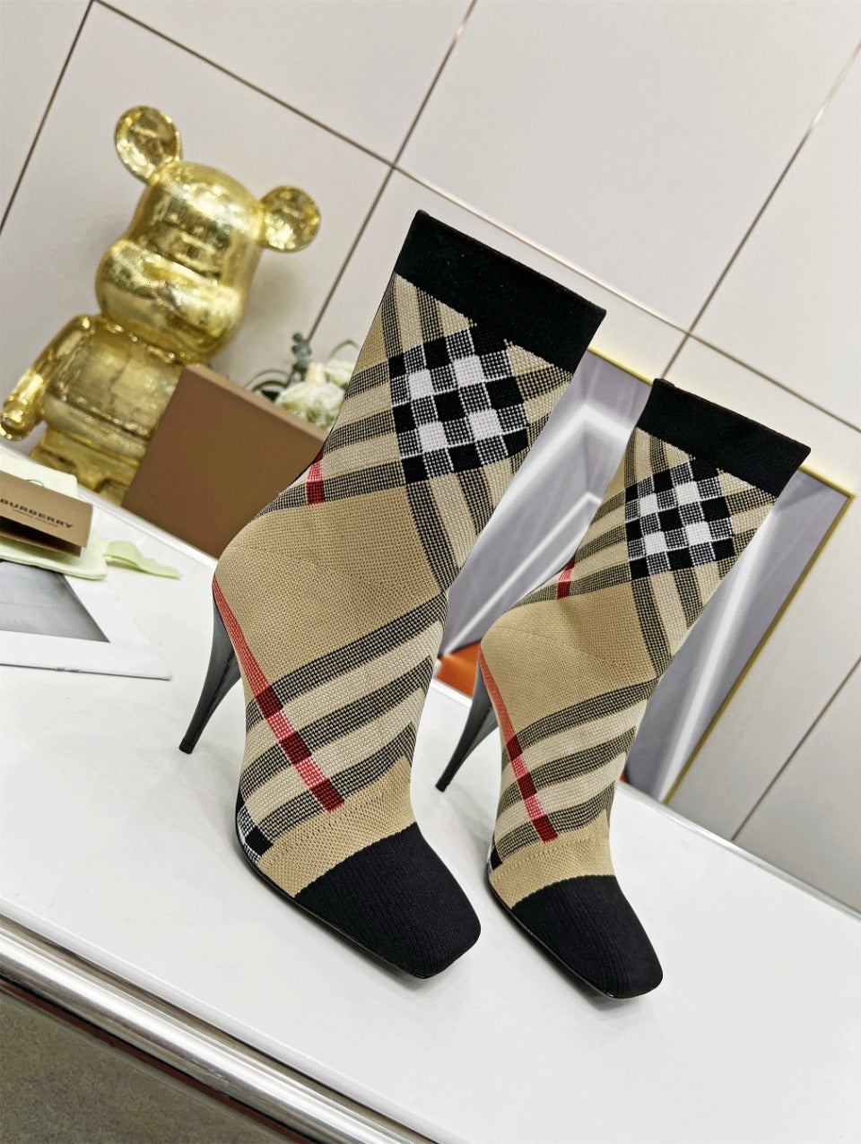 CHECK PATTERN KNIT ANKLE BOOTS WITH STILETTO HEEL