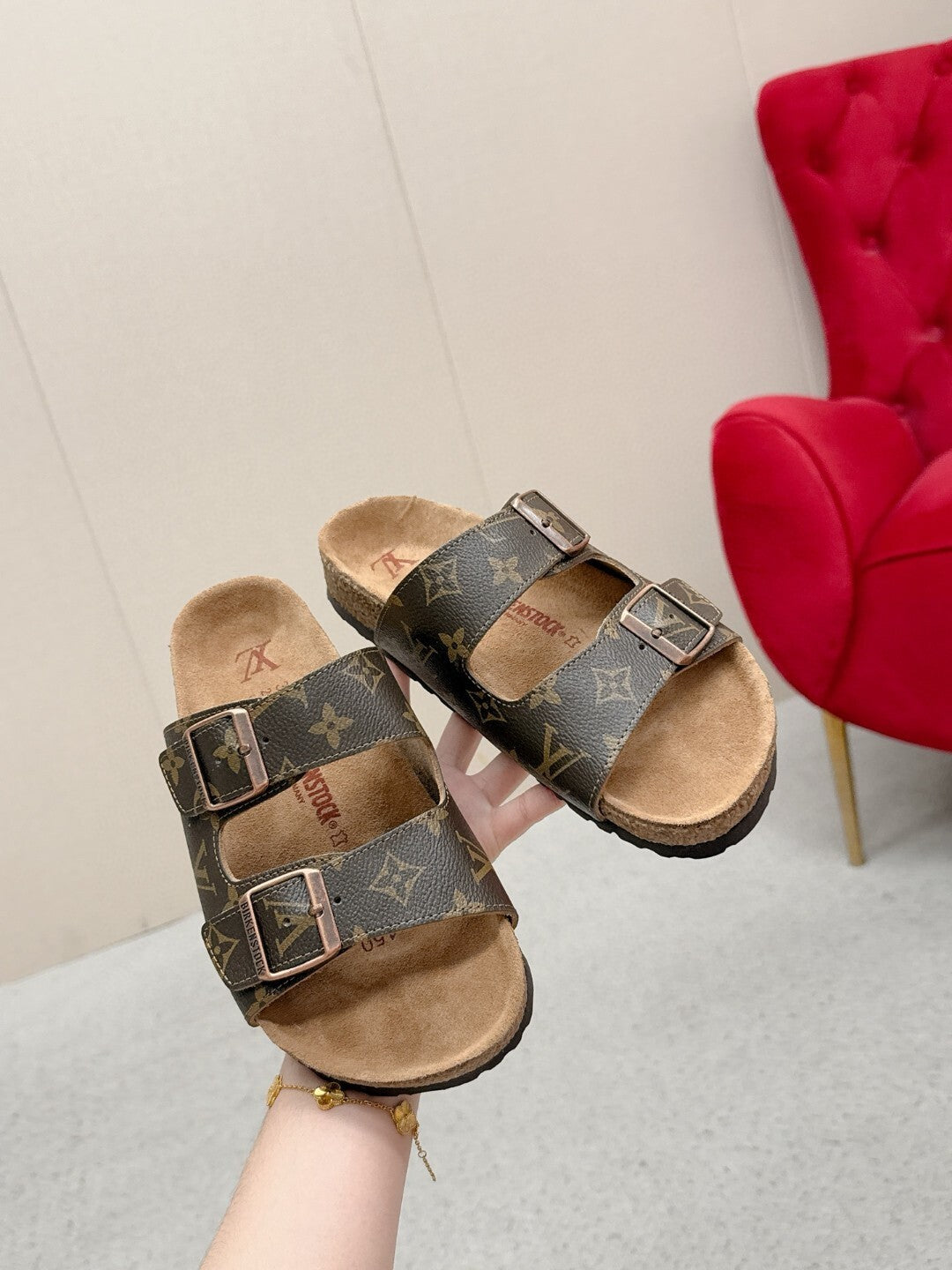 BROWN MONOGRAM DOUBLE-STRAP BUCKLE SLIDE SANDALS
