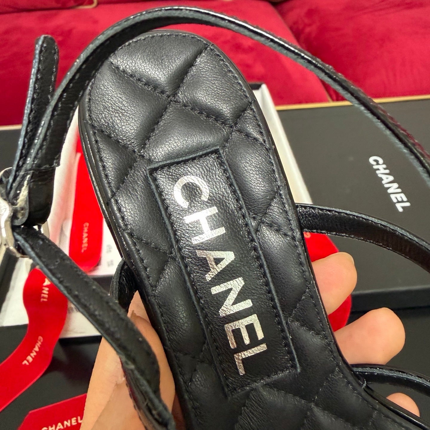 PEARL EMBELLISHED QUILTED STRAP HEELS