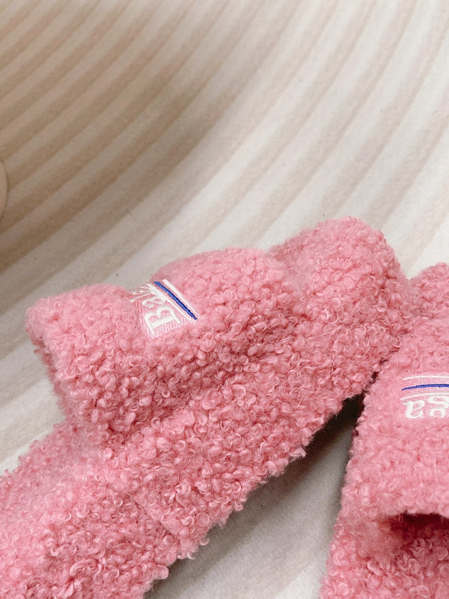 PINK SHERPA LOGO PLATFORM SLIDE SANDALS