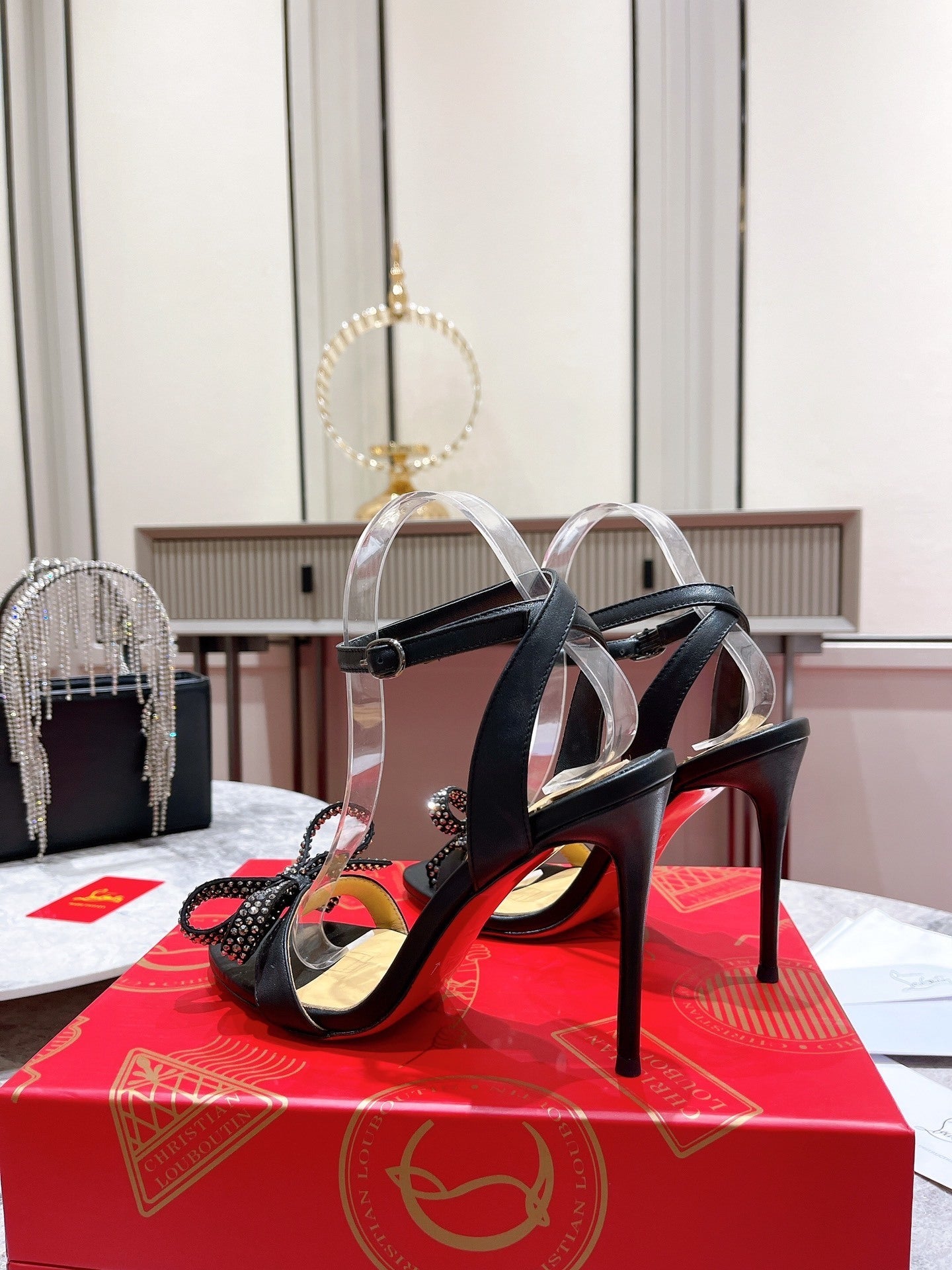 BLACK CRYSTAL BOW STRAP HEELS