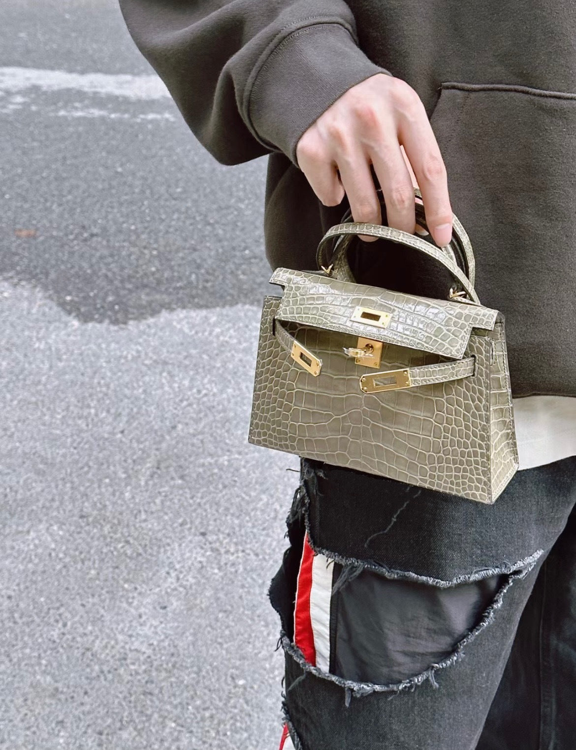 TAUPE CROCODILE EMBOSSED MINI TOP HANDLE HANDBAG WITH GOLD HARDWARE