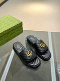 BLACK QUILTED LOGO SLIDE SANDALS
