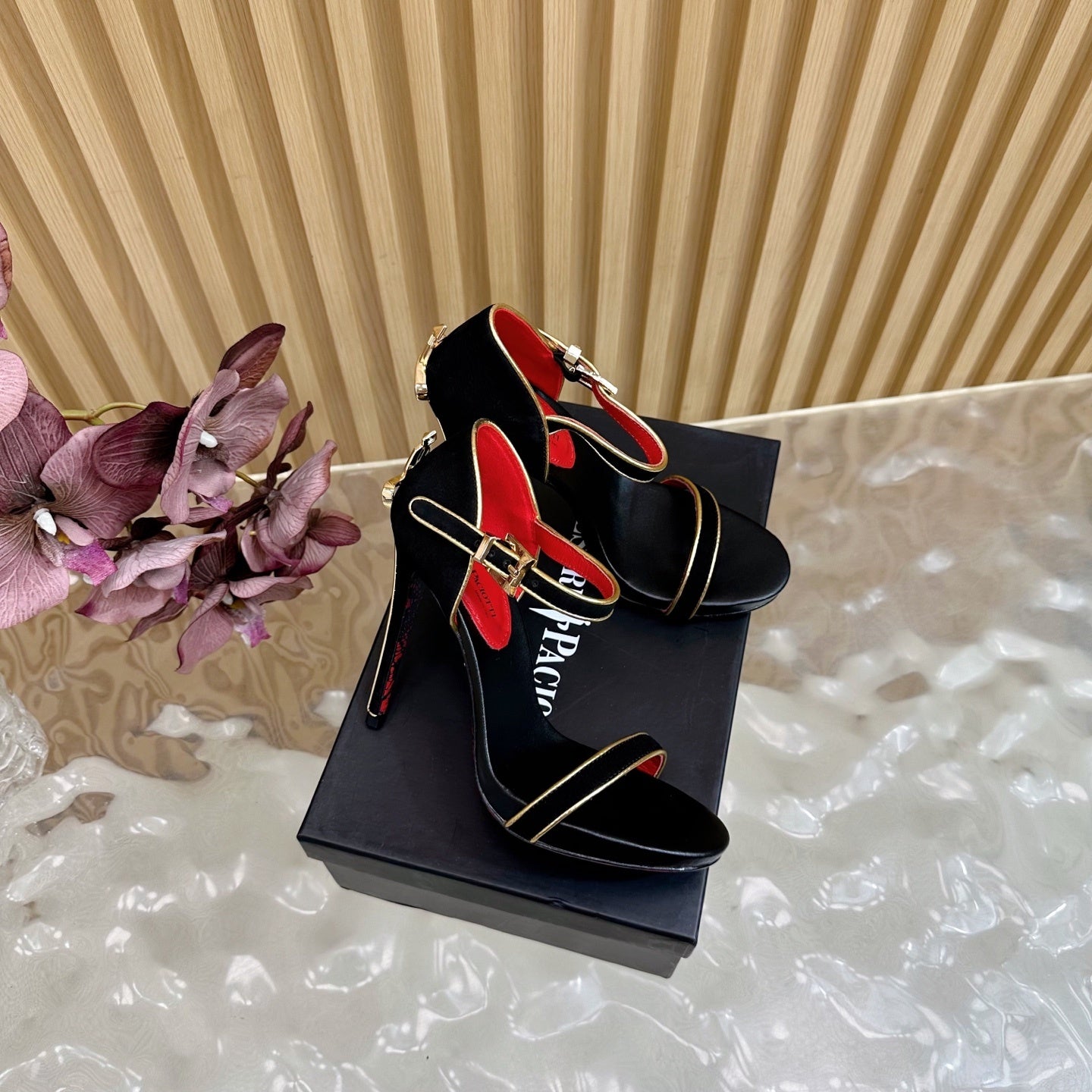 MINIMALIST ANKLE STRAP STILETTO SANDALS – BLACK & GOLD EDITION