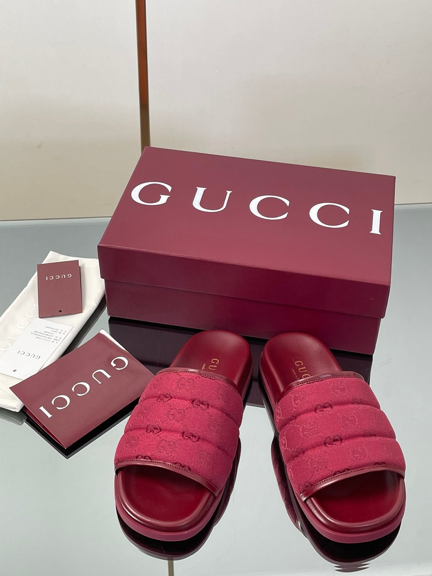RED PADDED SLIDE SANDALS