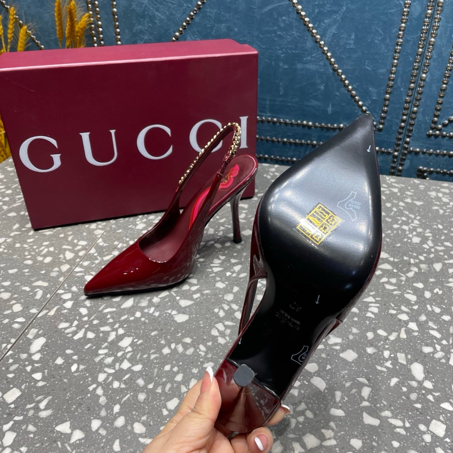 BURGUNDY PATENT CHAIN SLINGBACK PUMPS