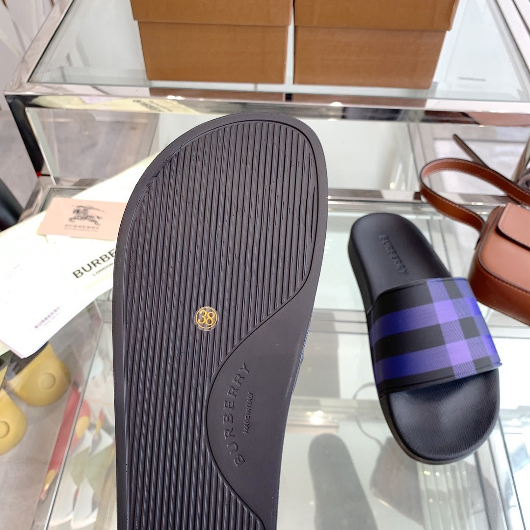 BLACK & PURPLE CHECK PRINT SLIDE SANDALS