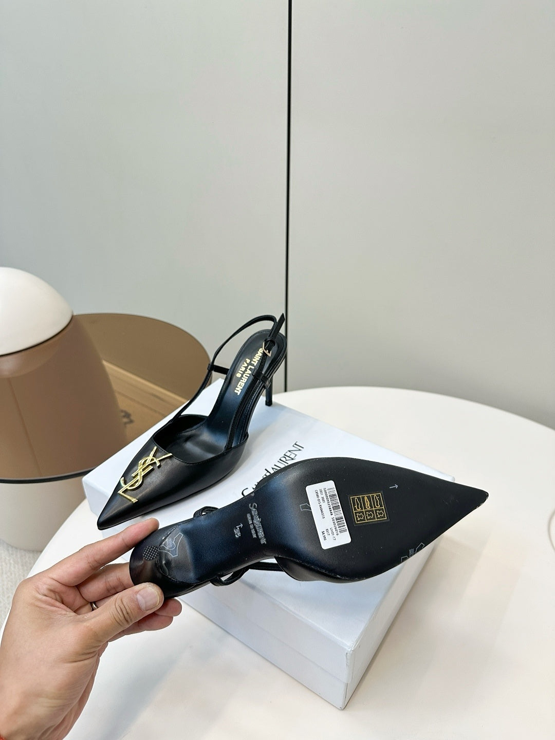 BLACK POINTED TOE SLINGBACK HEELS WITH GOLD DETAIL