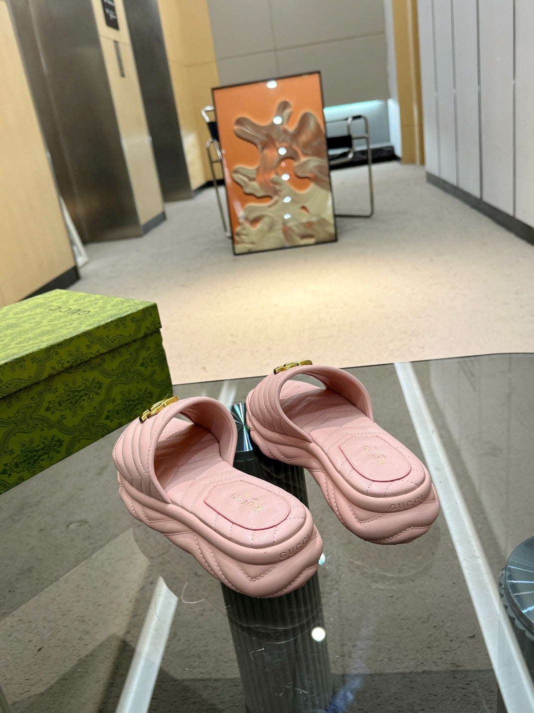 BLUSH QUILTED LOGO SLIDE SANDALS