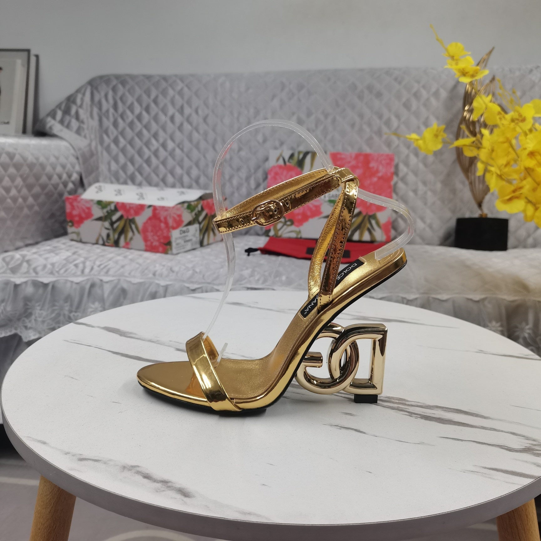 GOLD METALLIC STRAPPY HEEL SANDALS