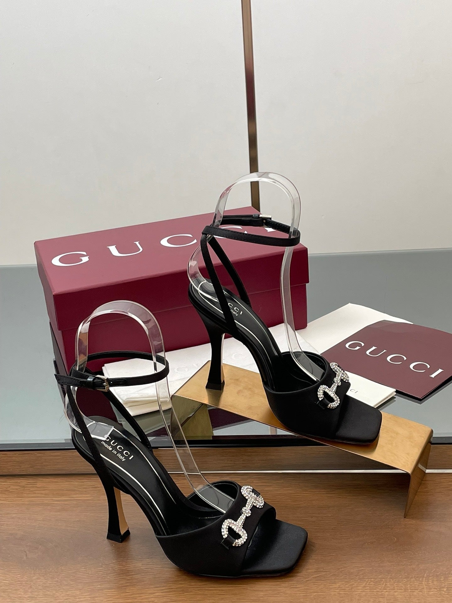 BLACK CRYSTAL HORSEBIT STRAPPY HEEL SANDALS