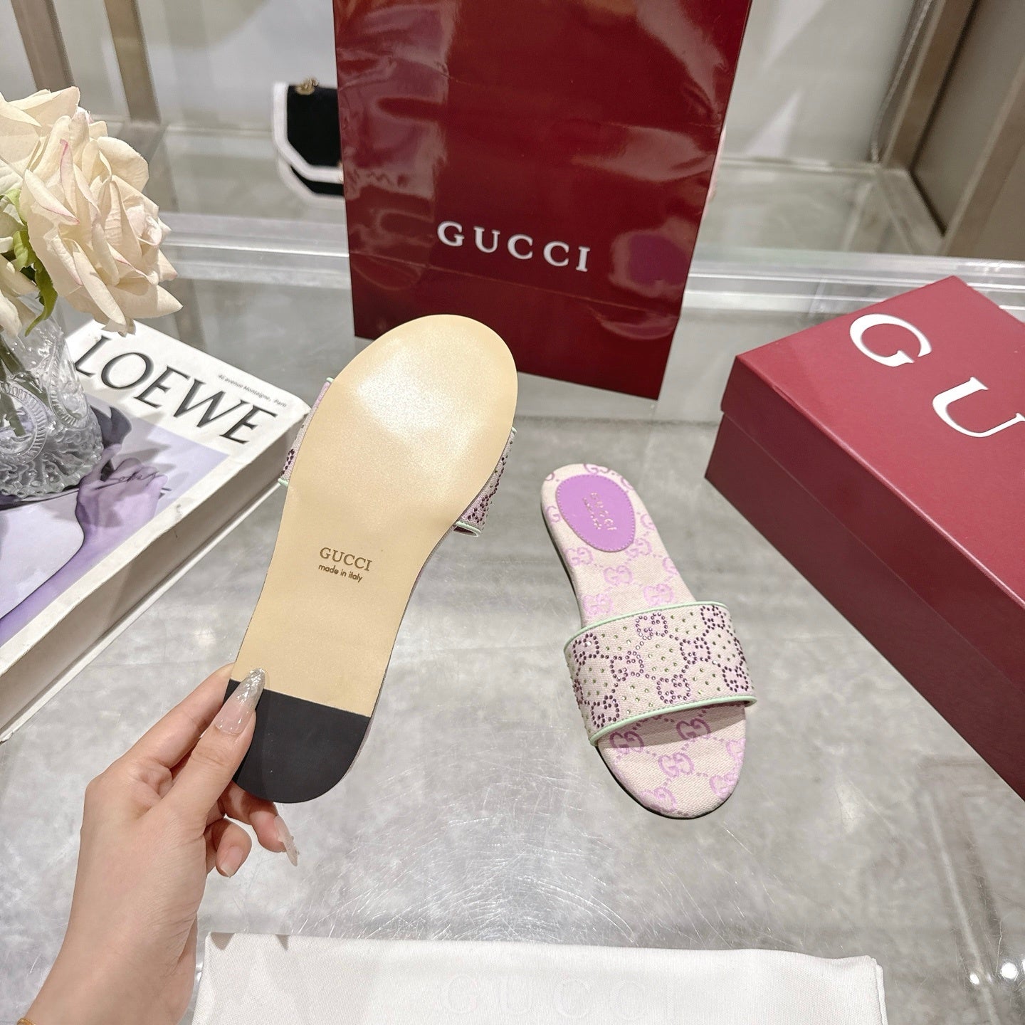 PINK EMBELLISHED SLIDE SANDALS